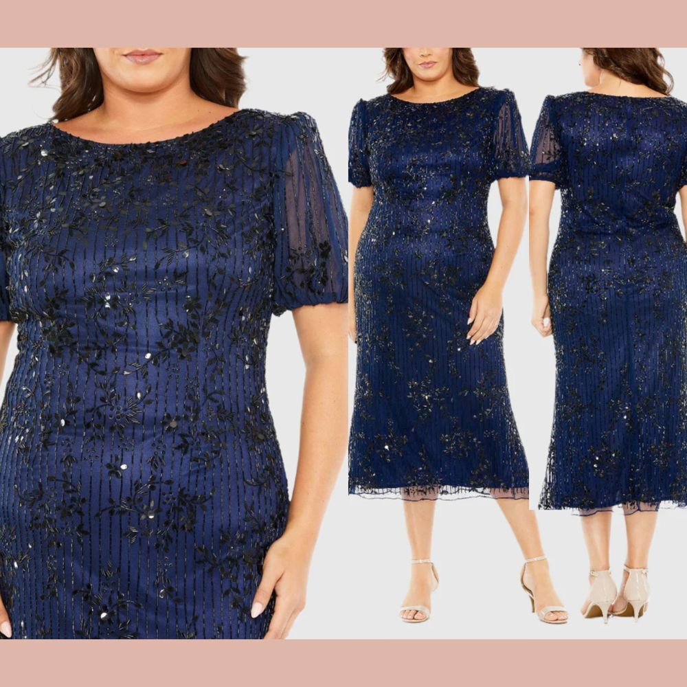 NWT Mac Duggal [ 18W ] 5940 High Neck Puff Sleeve Embellished‎ Dress Blue